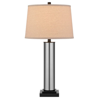 Benjara Table Lamp Set of 2, Beige Drum Shade, Black Glass Pedestal Base