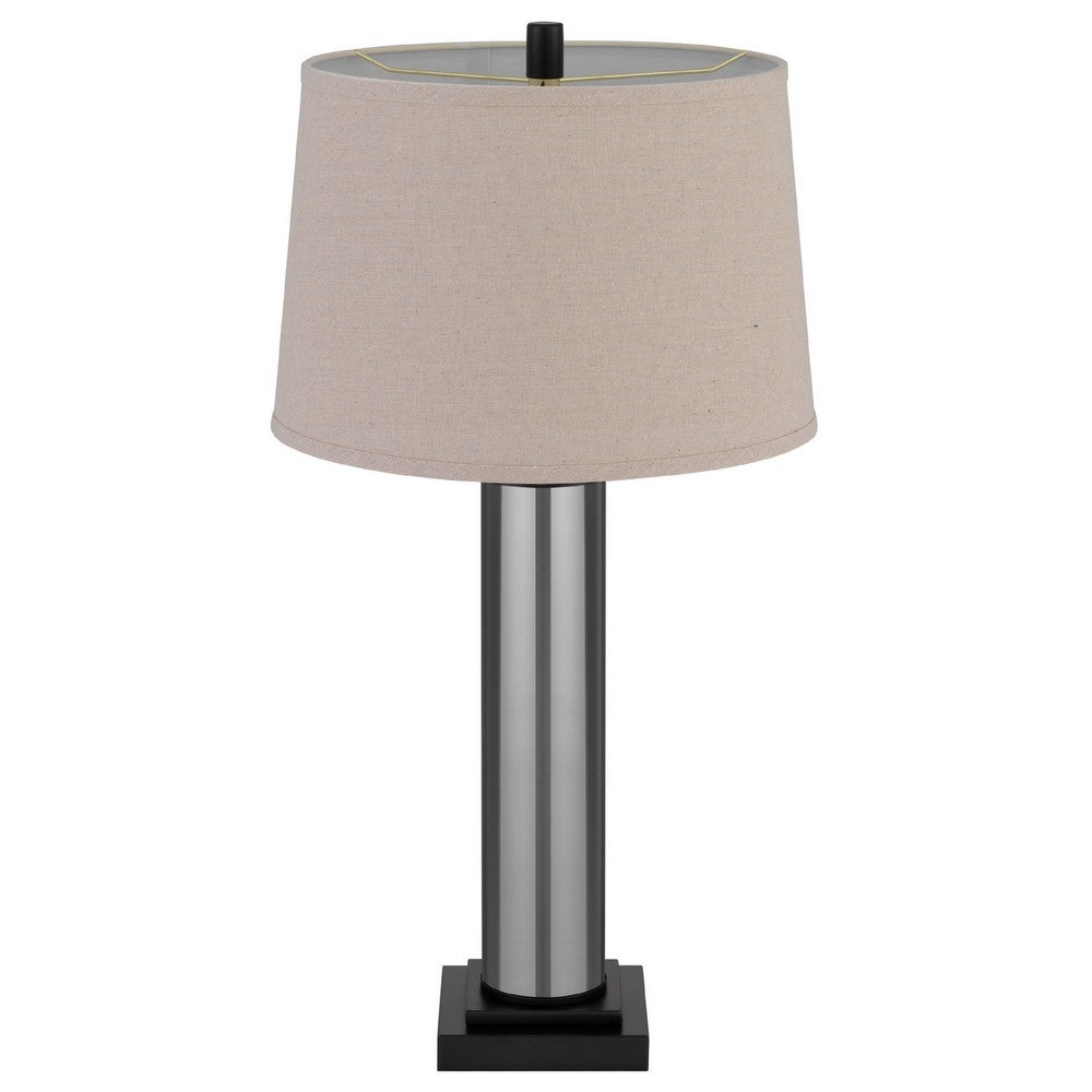 Benjara Table Lamp Set of 2, Beige Drum Shade, Black Glass Pedestal Base