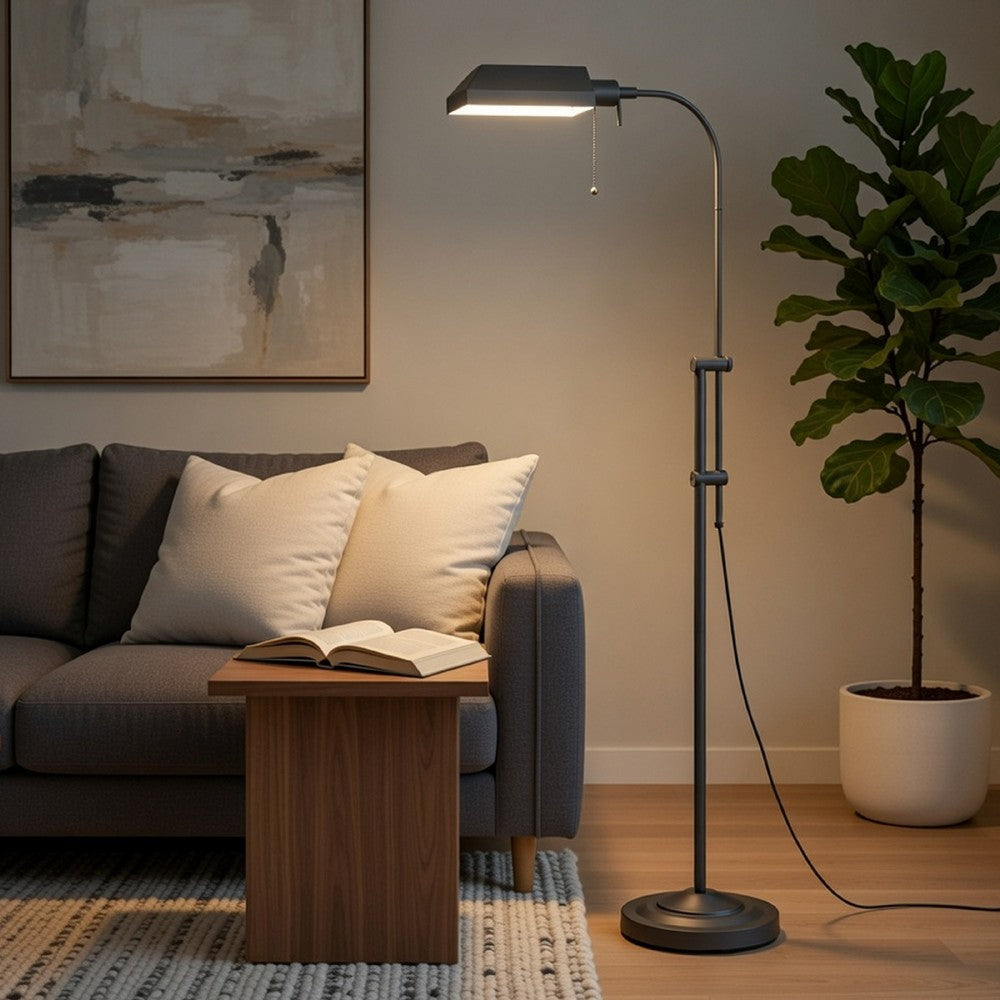 Benjara Arc Floor Lamp with Pull Chain, 42-58 Inch Adjustable Pole, Gray Metal