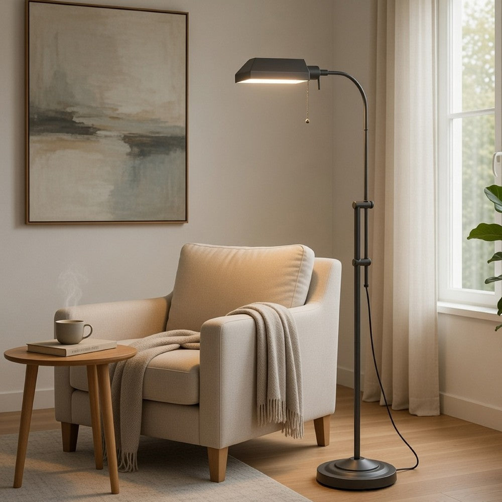 Benjara Arc Floor Lamp with Pull Chain, 42-58 Inch Adjustable Pole, Gray Metal