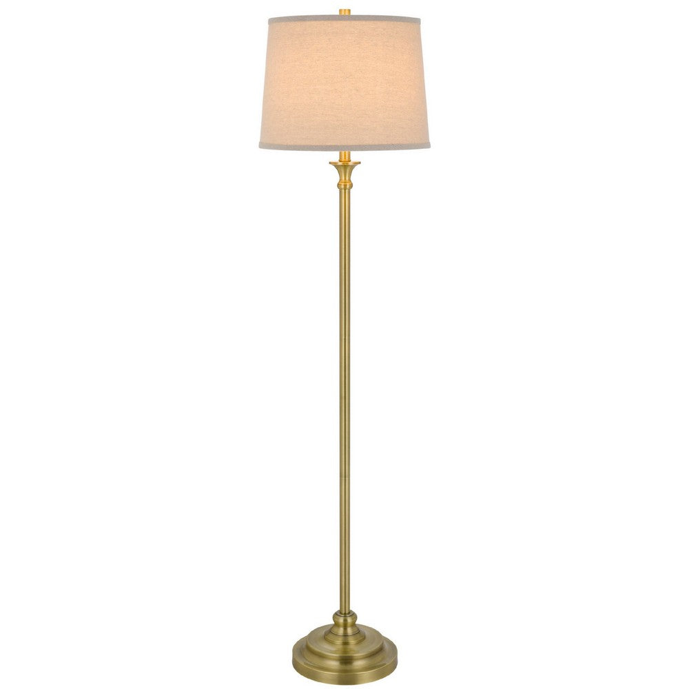 Benjara Floor Lamp with Light Gray Hardback Linen Shade, 61 Inch Antique Brass
