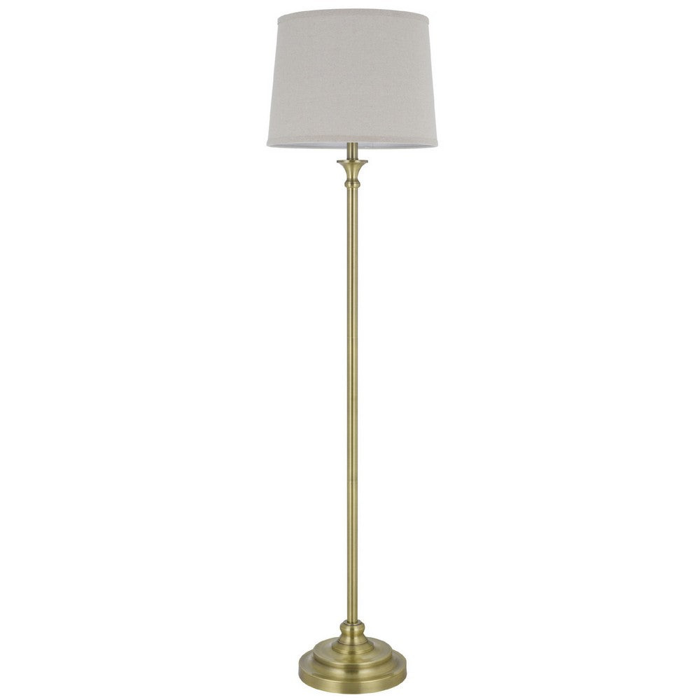 Benjara Floor Lamp with Light Gray Hardback Linen Shade, 61 Inch Antique Brass