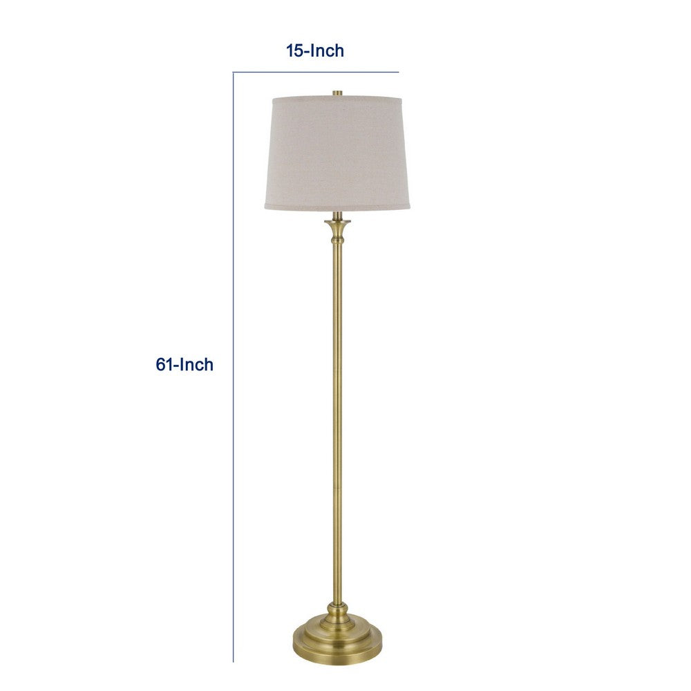 Benjara Floor Lamp with Light Gray Hardback Linen Shade, 61 Inch Antique Brass
