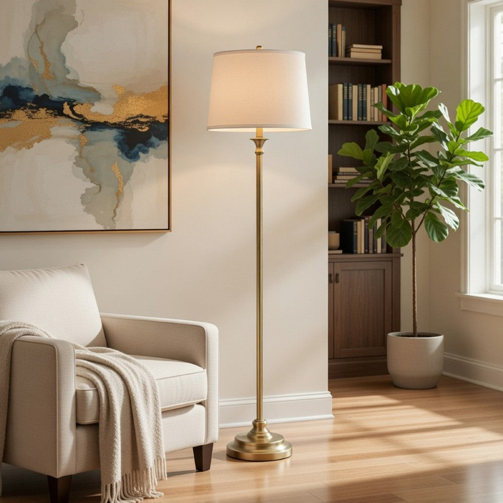 Benjara Floor Lamp with Light Gray Hardback Linen Shade, 61 Inch Antique Brass