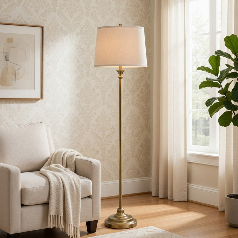 Benjara Floor Lamp with Light Gray Hardback Linen Shade, 61 Inch Antique Brass