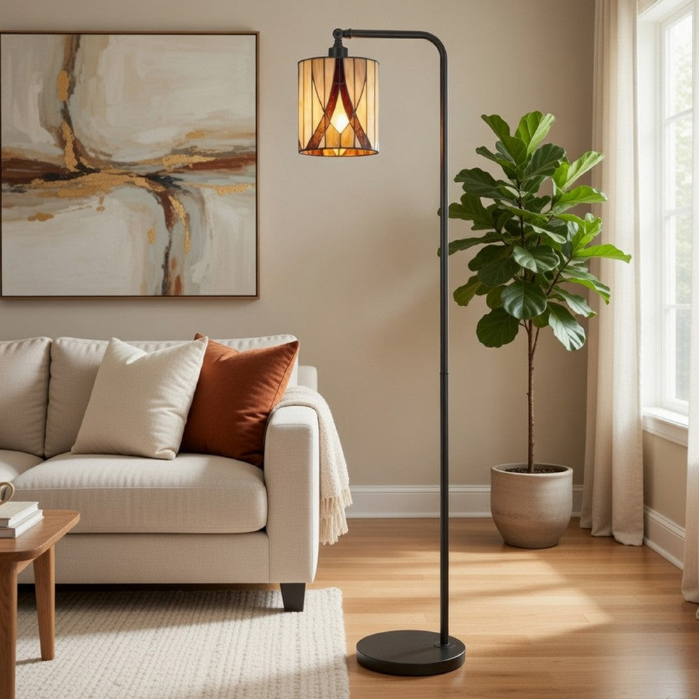 Benjara Tiffany Glass Floor Lamp with Adjustable Head, 58 Inch Black, Natural Tones
