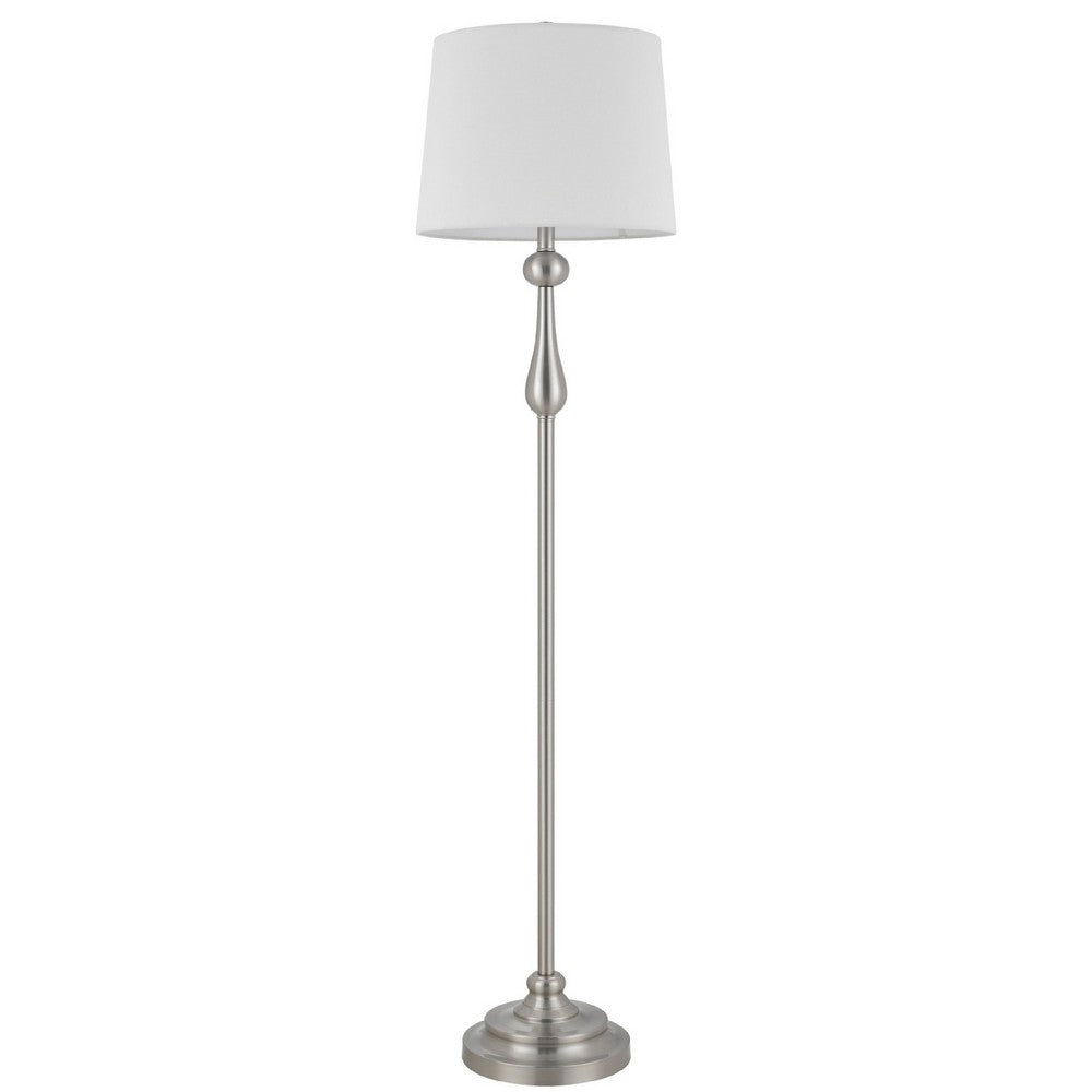 Benjara Floor Lamp with White Hardback Linen Shade, 61 Inch Modern Brushed Steel