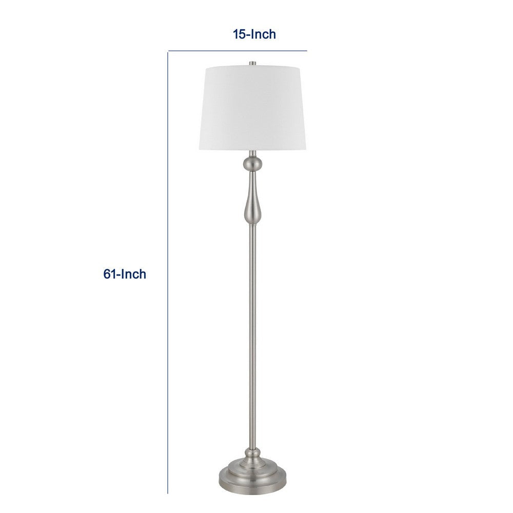 Benjara Floor Lamp with White Hardback Linen Shade, 61 Inch Modern Brushed Steel