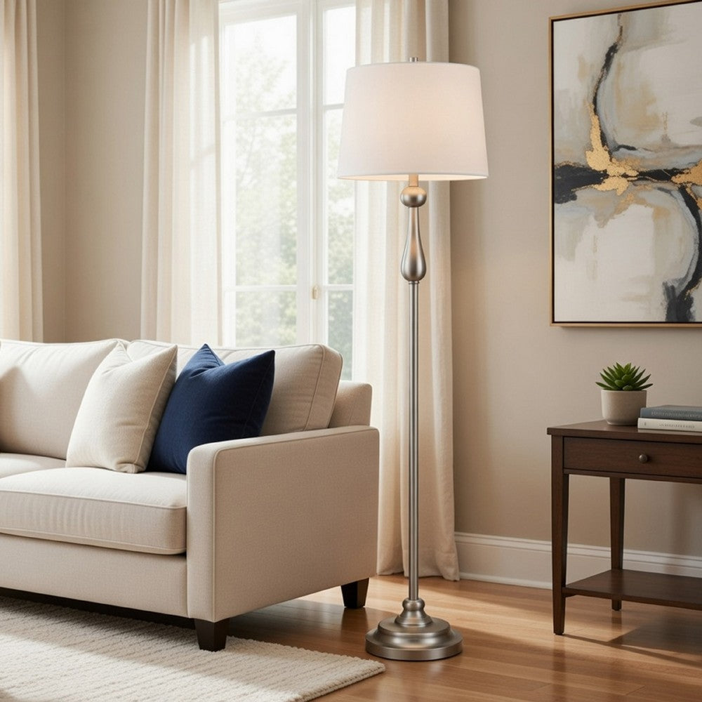 Benjara Floor Lamp with White Hardback Linen Shade, 61 Inch Modern Brushed Steel