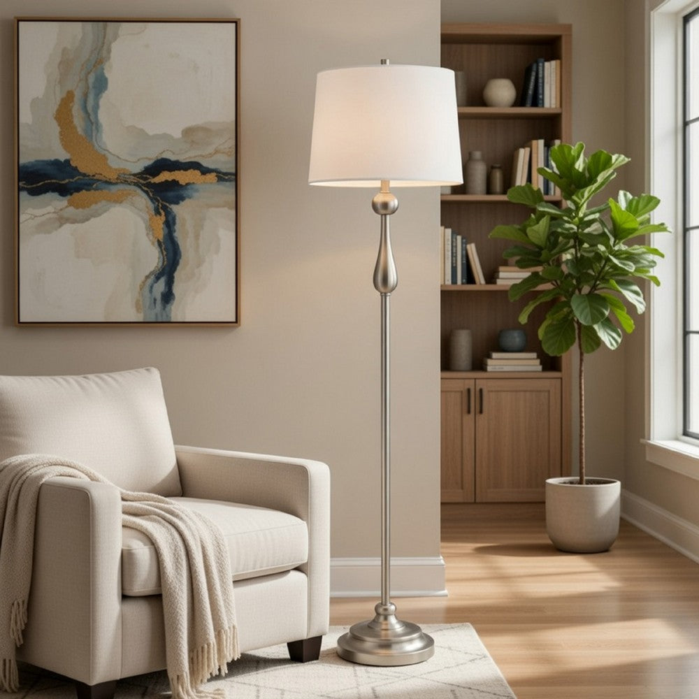 Benjara Floor Lamp with White Hardback Linen Shade, 61 Inch Modern Brushed Steel