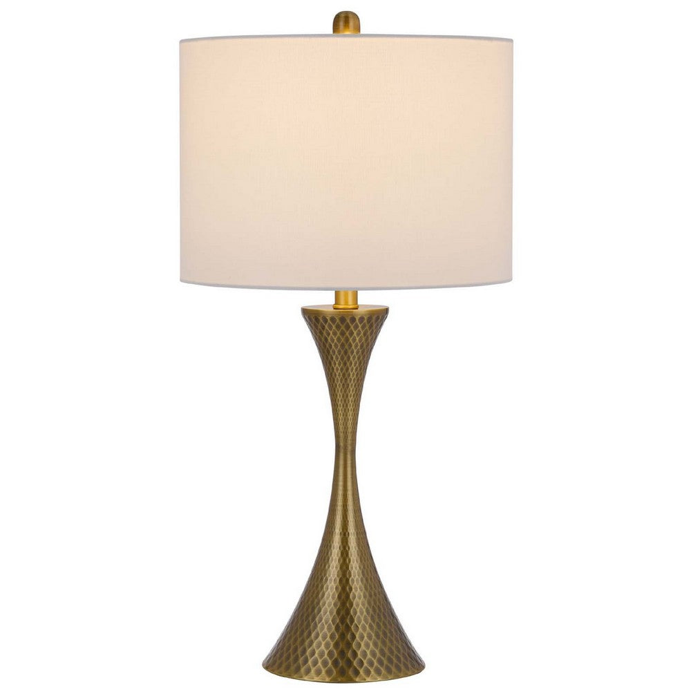 Benjara Table Lamp, Tall Hourglass Body, White Shade, Diamond Texture Antique Brass