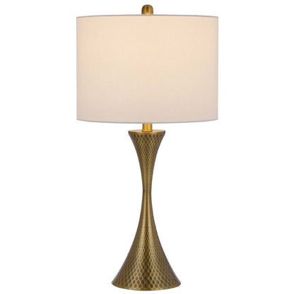 Benjara Table Lamp, Tall Hourglass Body, White Shade, Diamond Texture Antique Brass