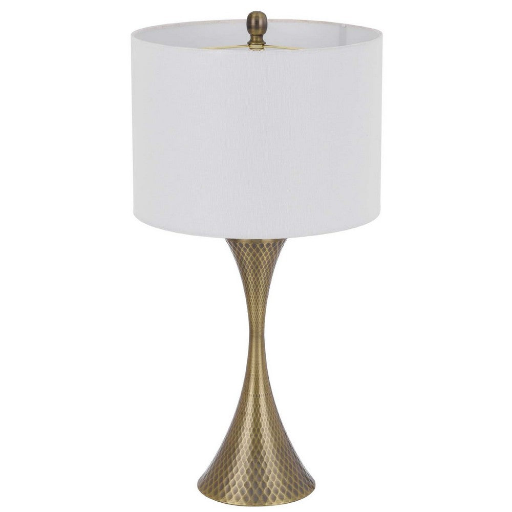 Benjara Table Lamp, Tall Hourglass Body, White Shade, Diamond Texture Antique Brass