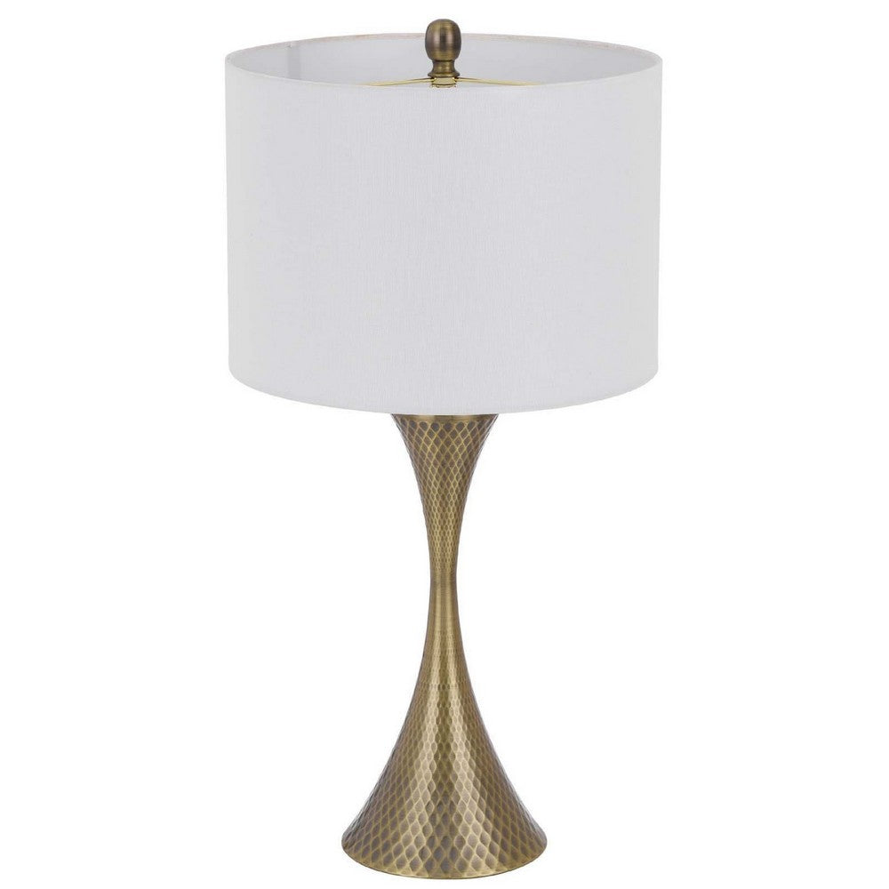 Benjara Table Lamp, Tall Hourglass Body, White Shade, Diamond Texture Antique Brass