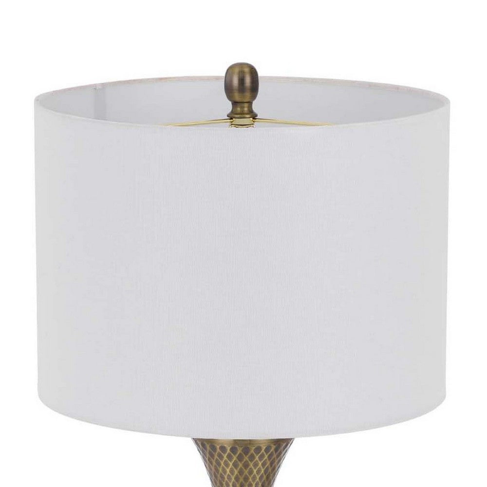 Benjara Table Lamp, Tall Hourglass Body, White Shade, Diamond Texture Antique Brass