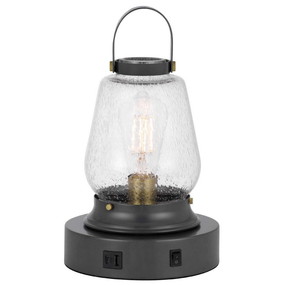 Benjara Jerry Lantern Table Lamp, Bubble Glass Shade, USB Ports, Dark Bronze