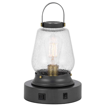 Benjara Jerry Lantern Table Lamp, Bubble Glass Shade, USB Ports, Dark Bronze