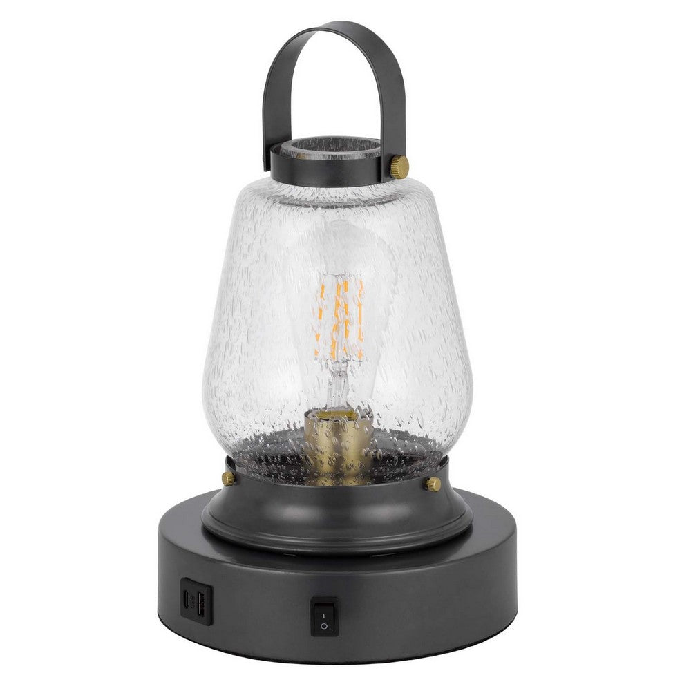 Benjara Jerry Lantern Table Lamp, Bubble Glass Shade, USB Ports, Dark Bronze