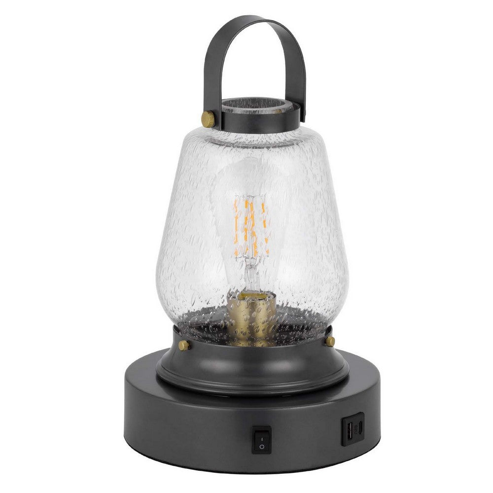 Benjara Jerry Lantern Table Lamp, Bubble Glass Shade, USB Ports, Dark Bronze