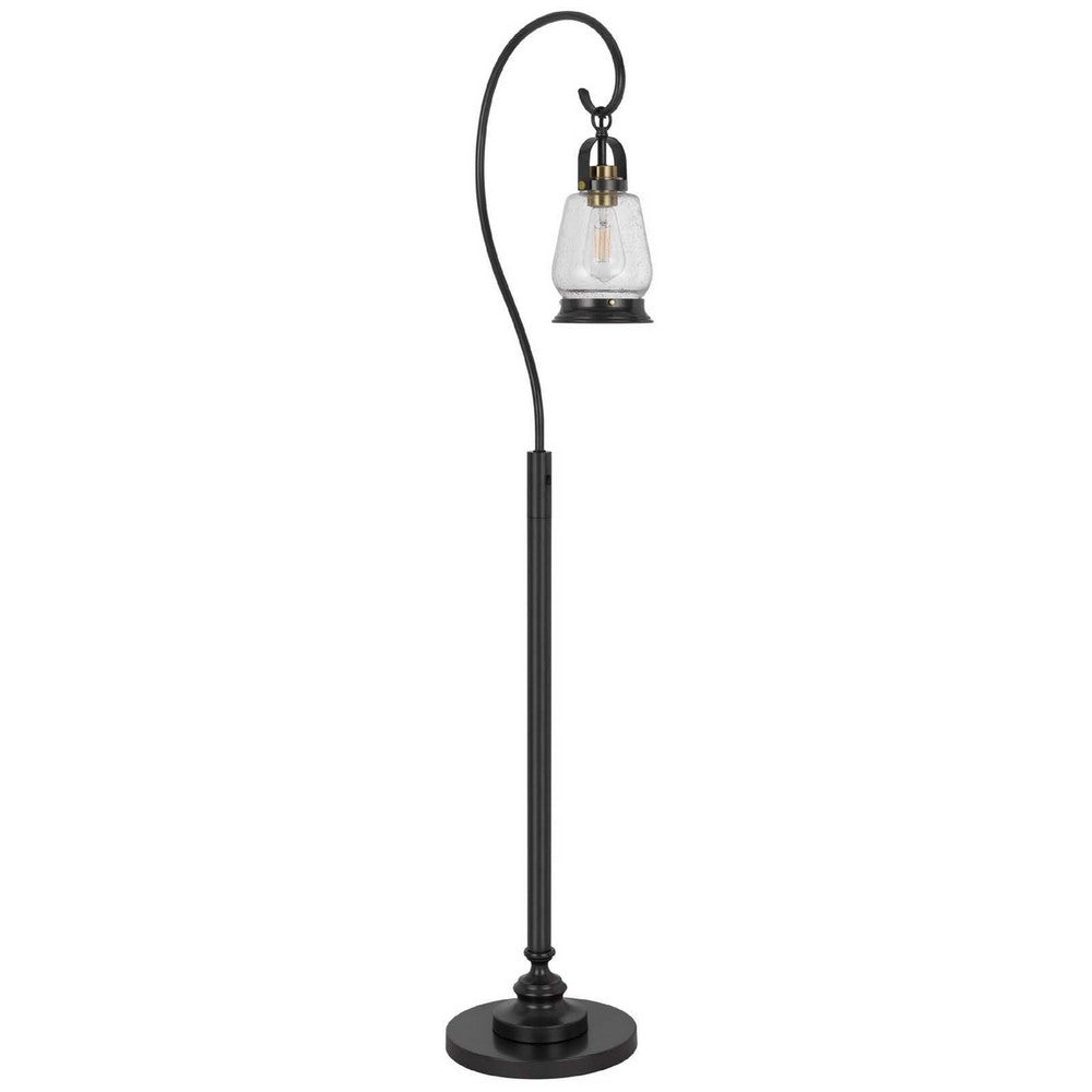 Benjara Jerry Classic Lantern Floor Lamp, Bubble Glass Shade, Dark Bronze Metal