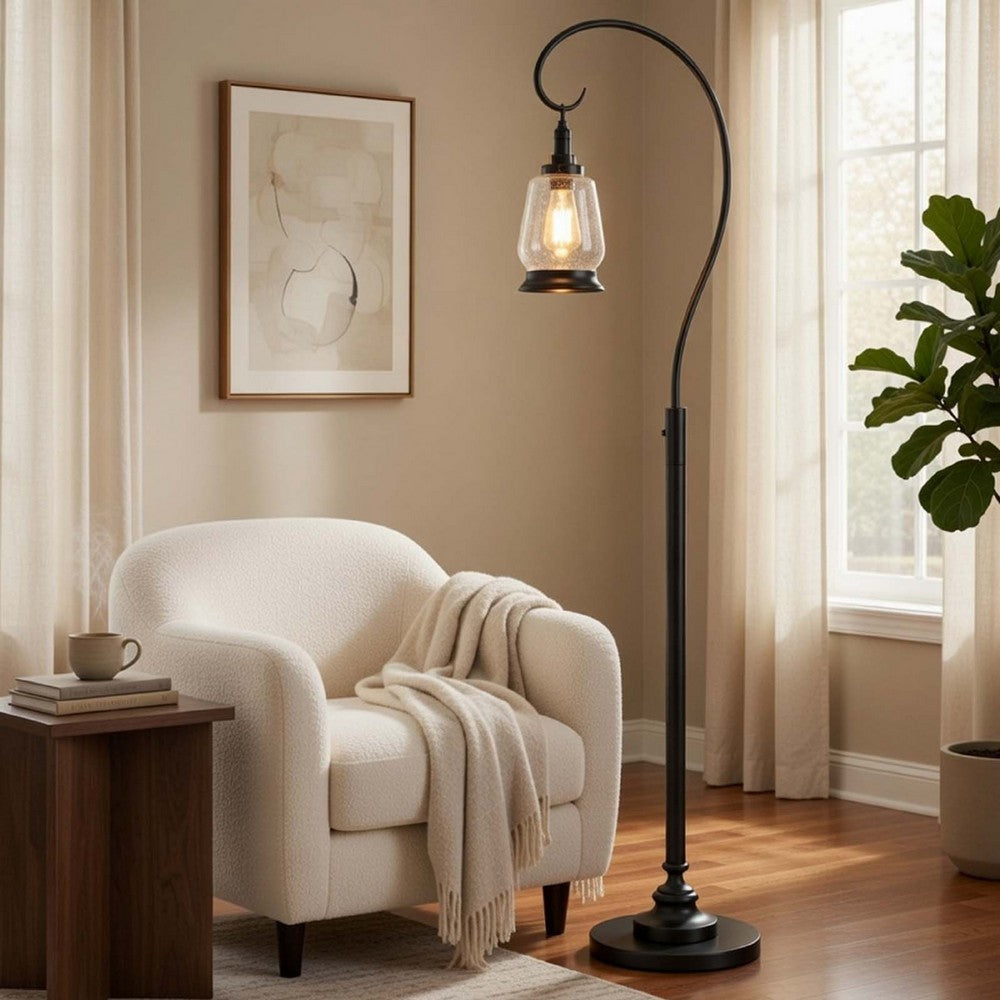 Benjara Jerry Classic Lantern Floor Lamp, Bubble Glass Shade, Dark Bronze Metal