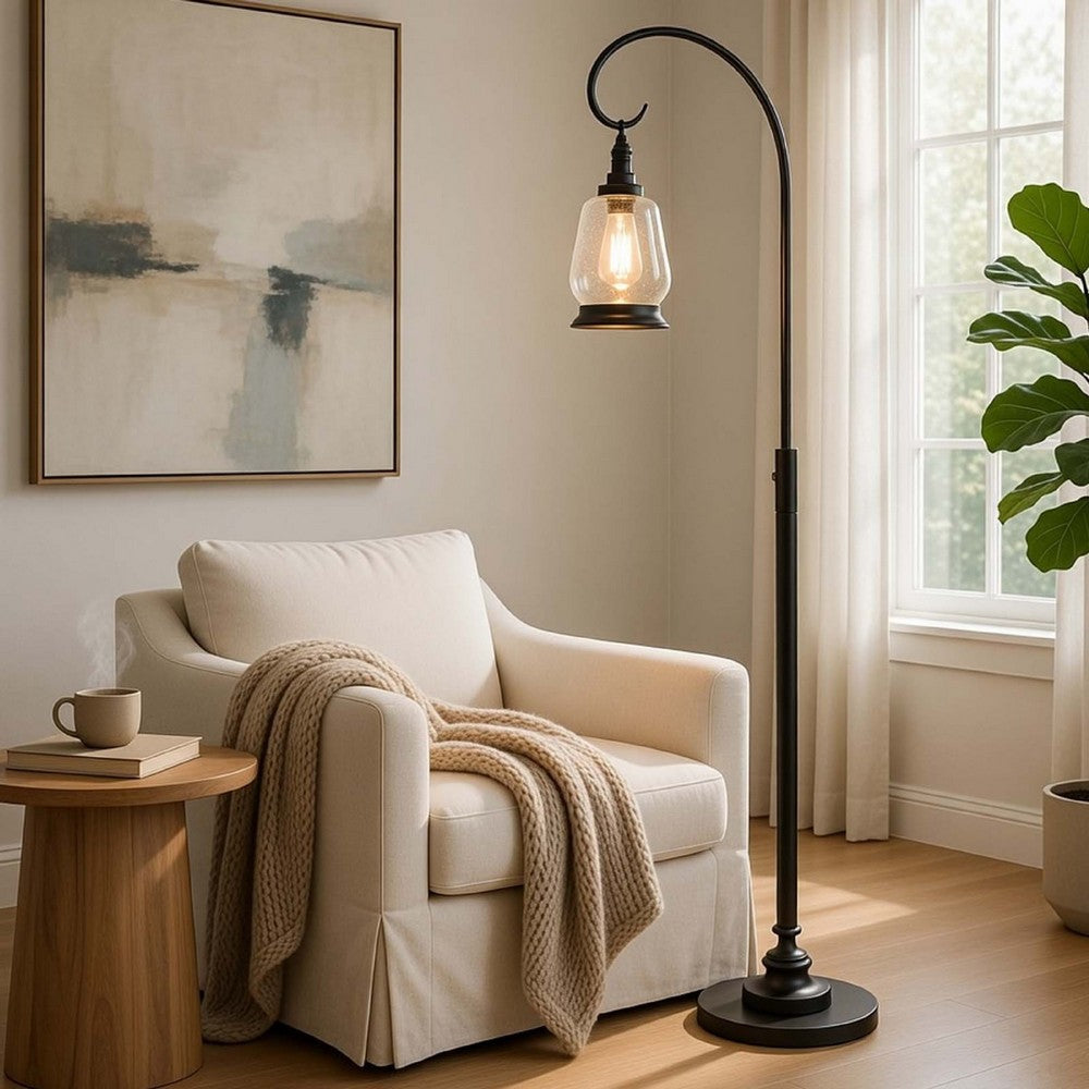 Benjara Jerry Classic Lantern Floor Lamp, Bubble Glass Shade, Dark Bronze Metal
