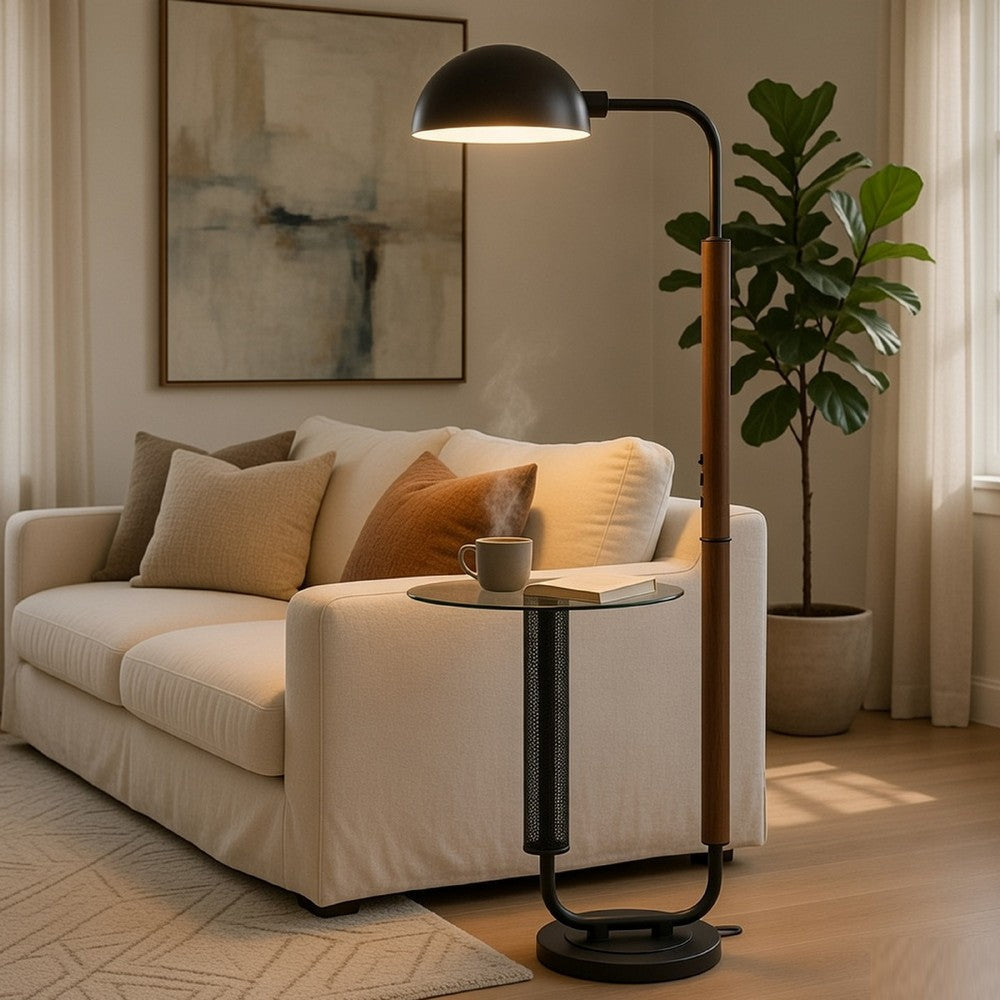 Benjara Floor Lamp with Round Glass Table, Modern Metal Dome Shade, Black 63 Inch