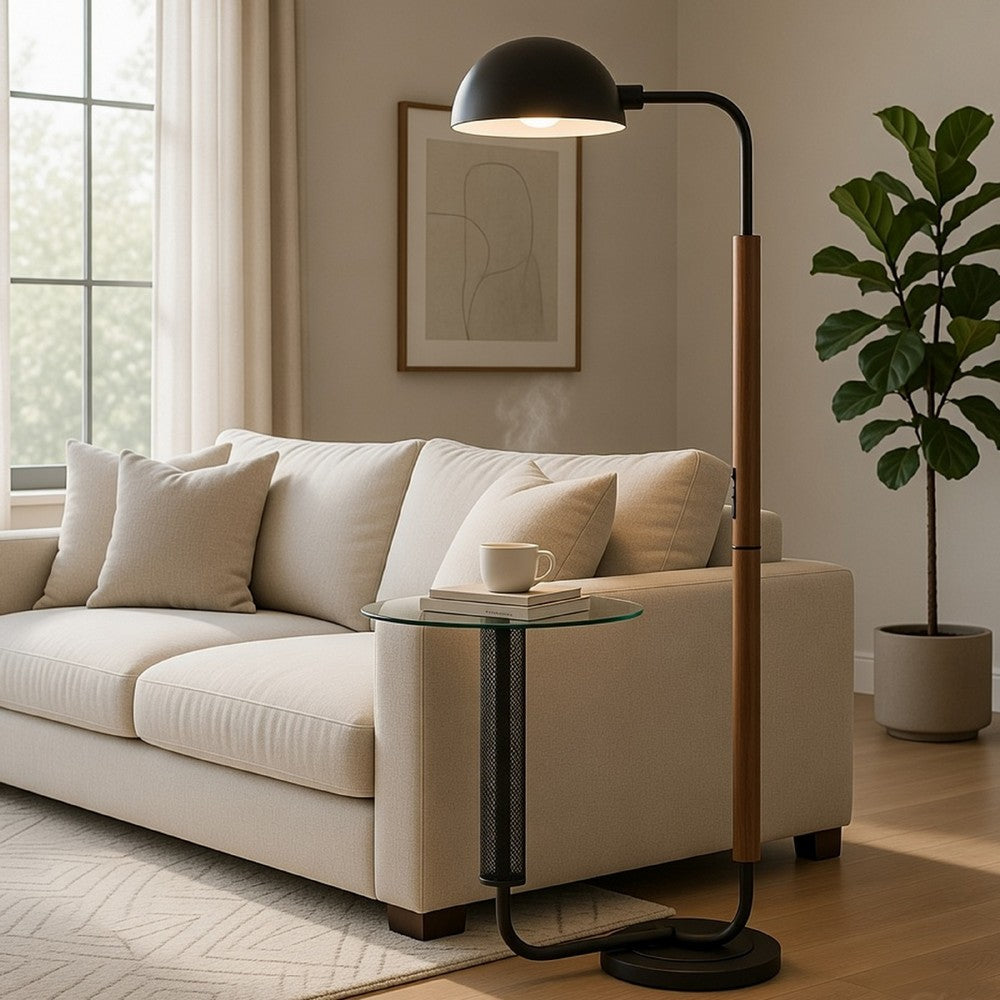 Benjara Floor Lamp with Round Glass Table, Modern Metal Dome Shade, Black 63 Inch