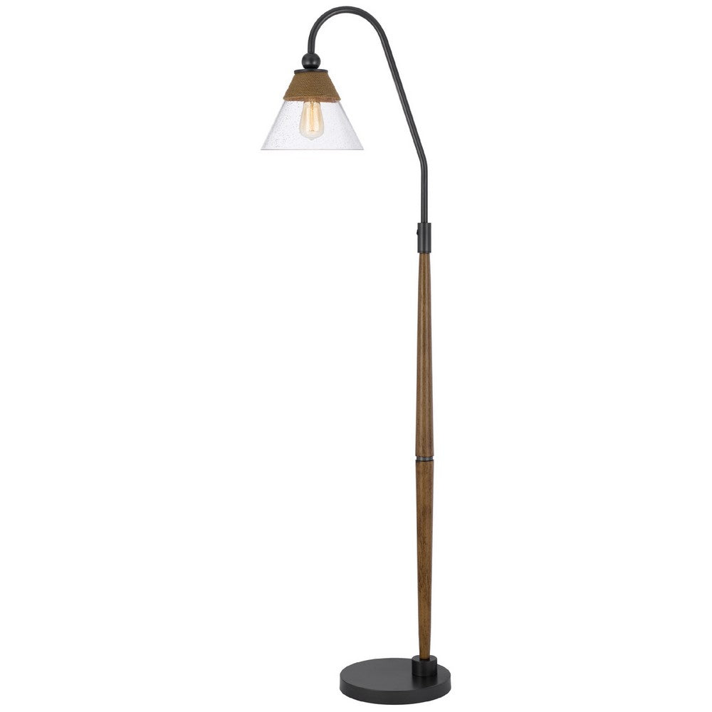 Benjara Floor Lamp, Bubble Glass Shade, Rope Accents Industrial Wood, Black 71 Inch