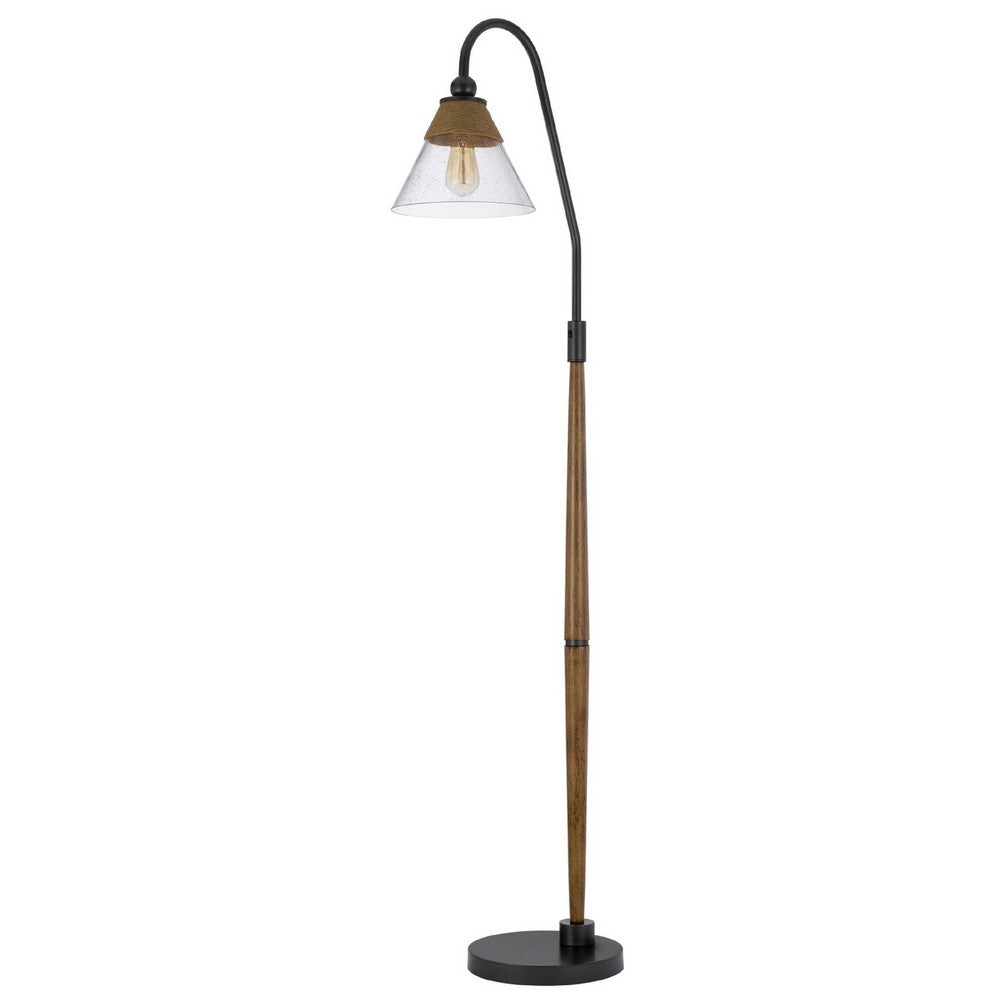 Benjara Floor Lamp, Bubble Glass Shade, Rope Accents Industrial Wood, Black 71 Inch