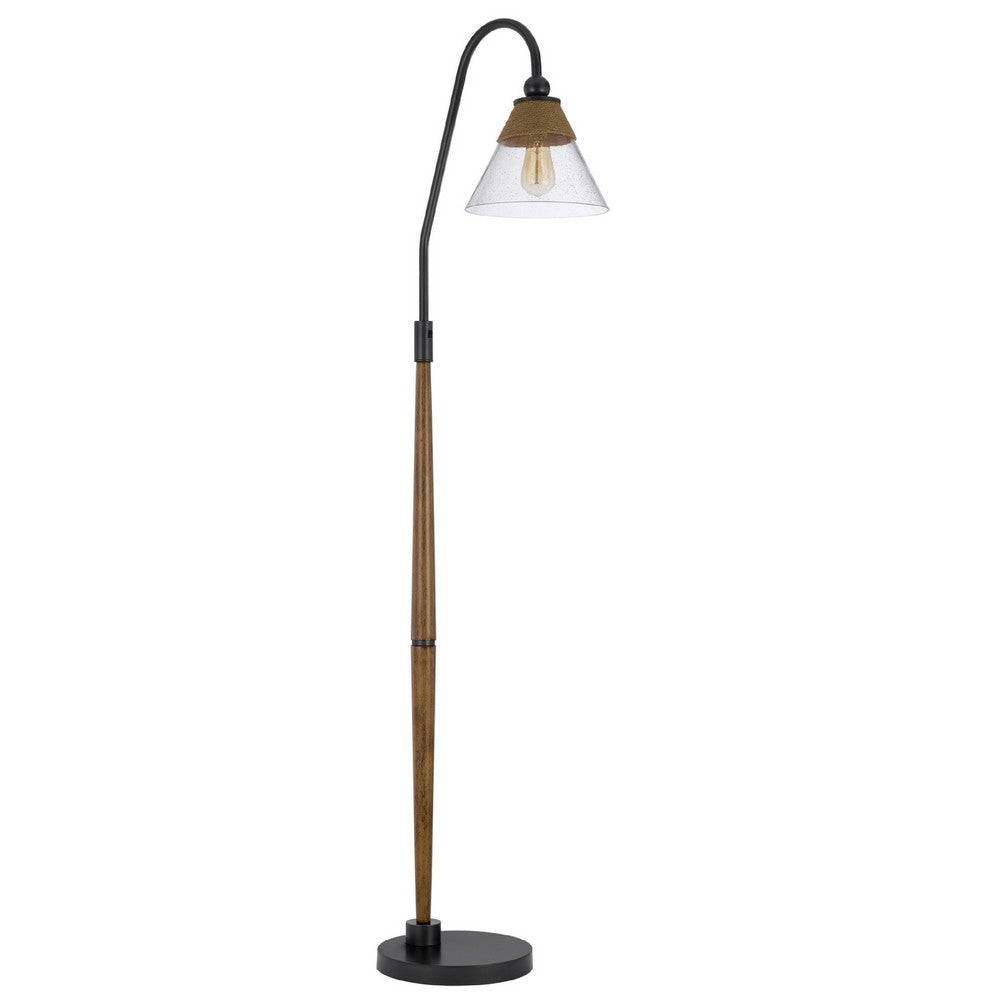 Benjara Floor Lamp, Bubble Glass Shade, Rope Accents Industrial Wood, Black 71 Inch