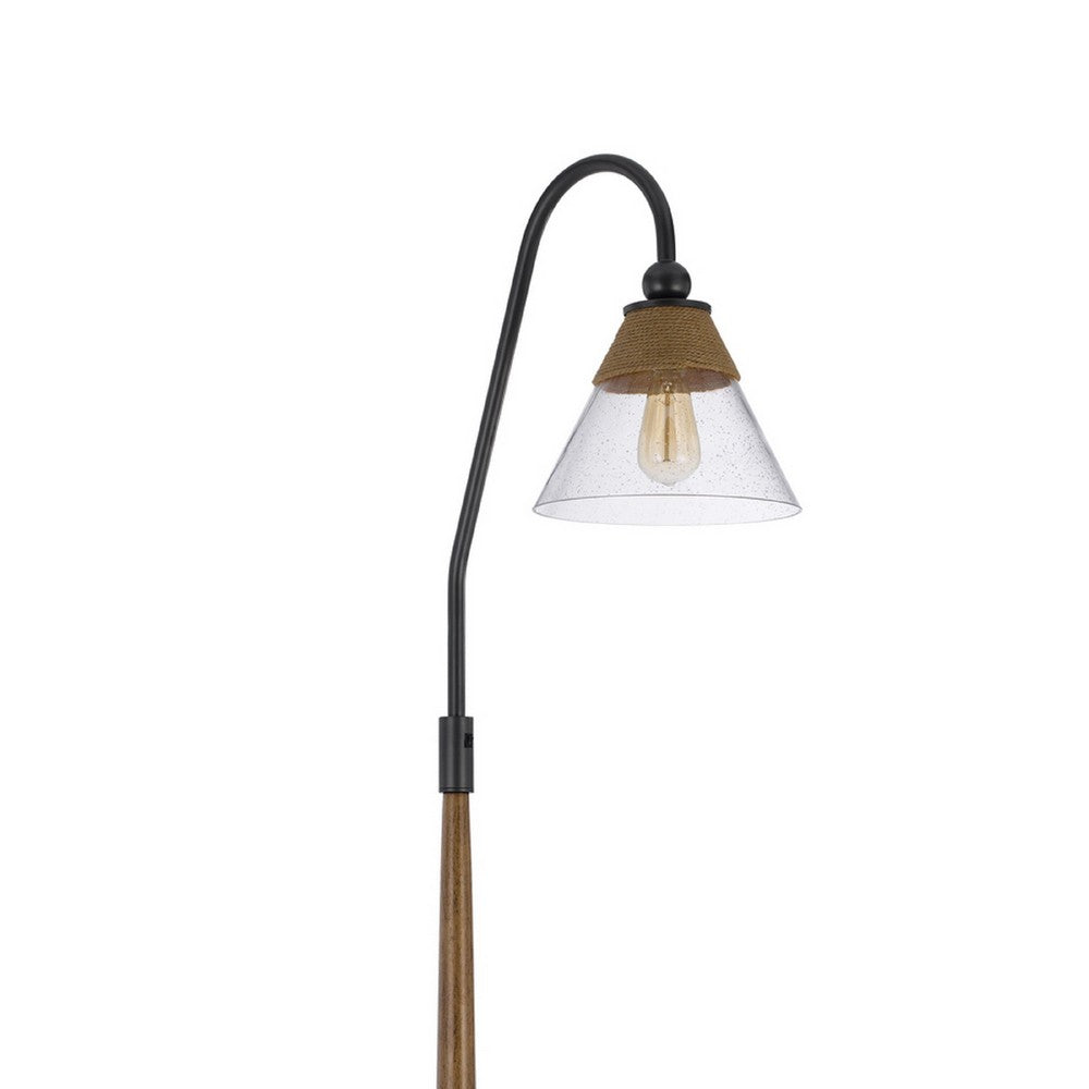 Benjara Floor Lamp, Bubble Glass Shade, Rope Accents Industrial Wood, Black 71 Inch