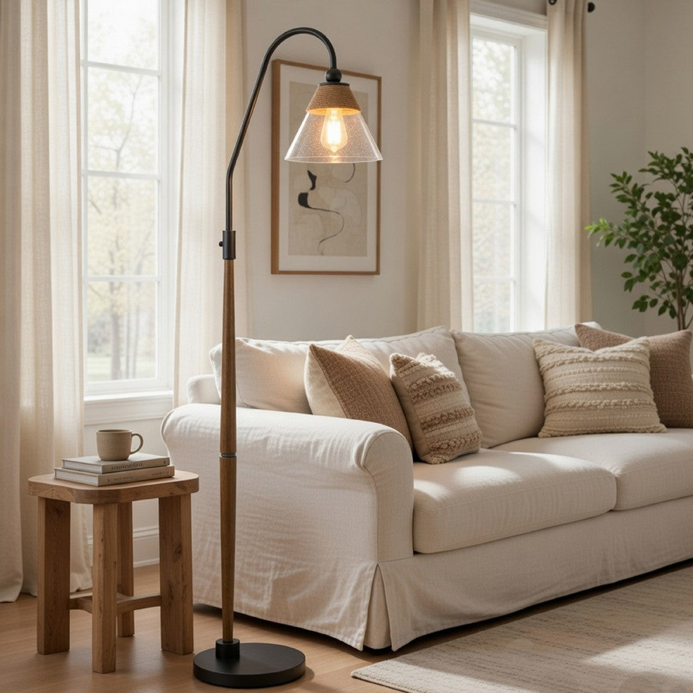 Benjara Floor Lamp, Bubble Glass Shade, Rope Accents Industrial Wood, Black 71 Inch