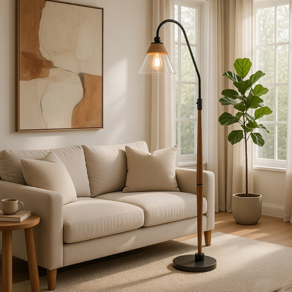 Benjara Floor Lamp, Bubble Glass Shade, Rope Accents Industrial Wood, Black 71 Inch