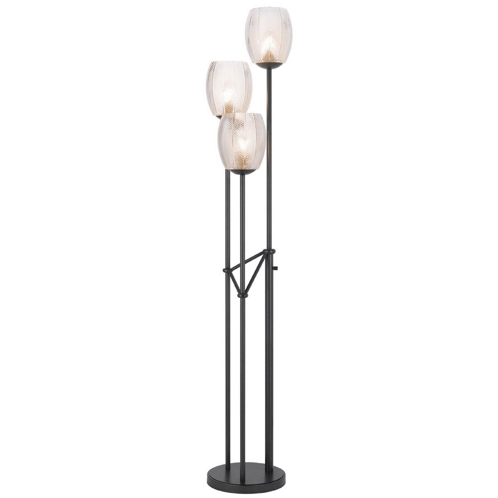 Benjara 3 Light Torchiere Floor Lamp, Leaf Design Glass Shade, Black Metal 71 Inch