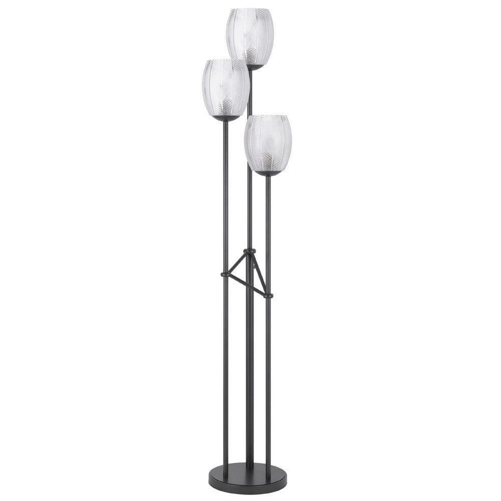 Benjara 3 Light Torchiere Floor Lamp, Leaf Design Glass Shade, Black Metal 71 Inch