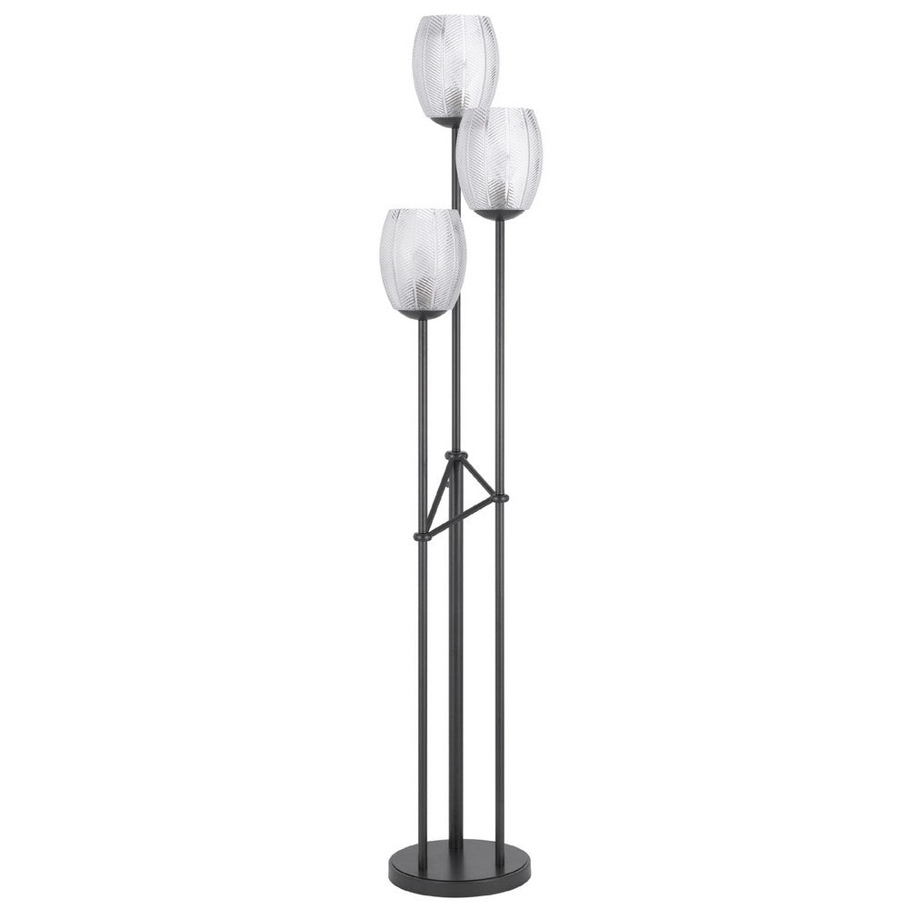 Benjara 3 Light Torchiere Floor Lamp, Leaf Design Glass Shade, Black Metal 71 Inch