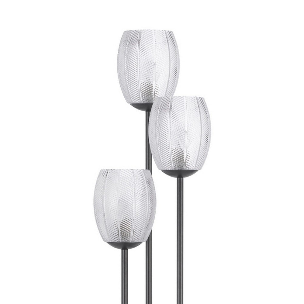 Benjara 3 Light Torchiere Floor Lamp, Leaf Design Glass Shade, Black Metal 71 Inch