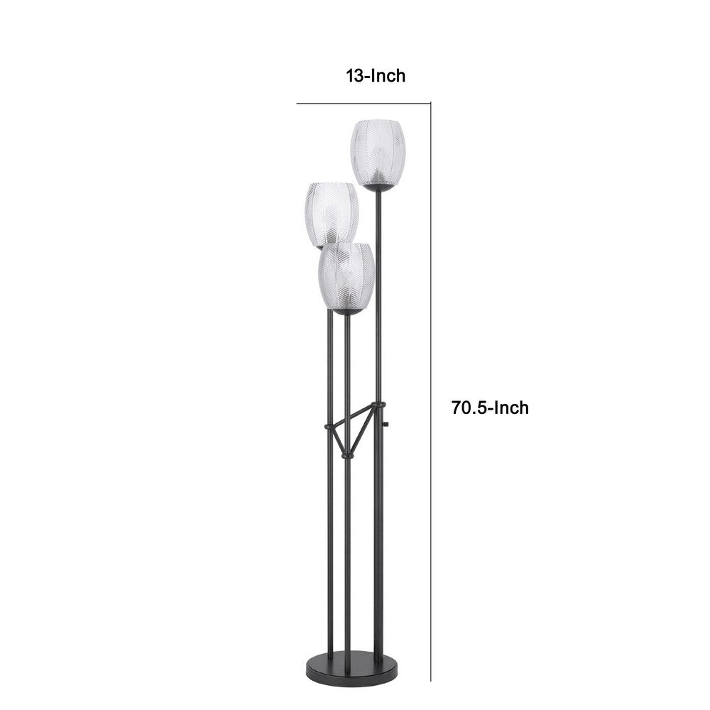 Benjara 3 Light Torchiere Floor Lamp, Leaf Design Glass Shade, Black Metal 71 Inch