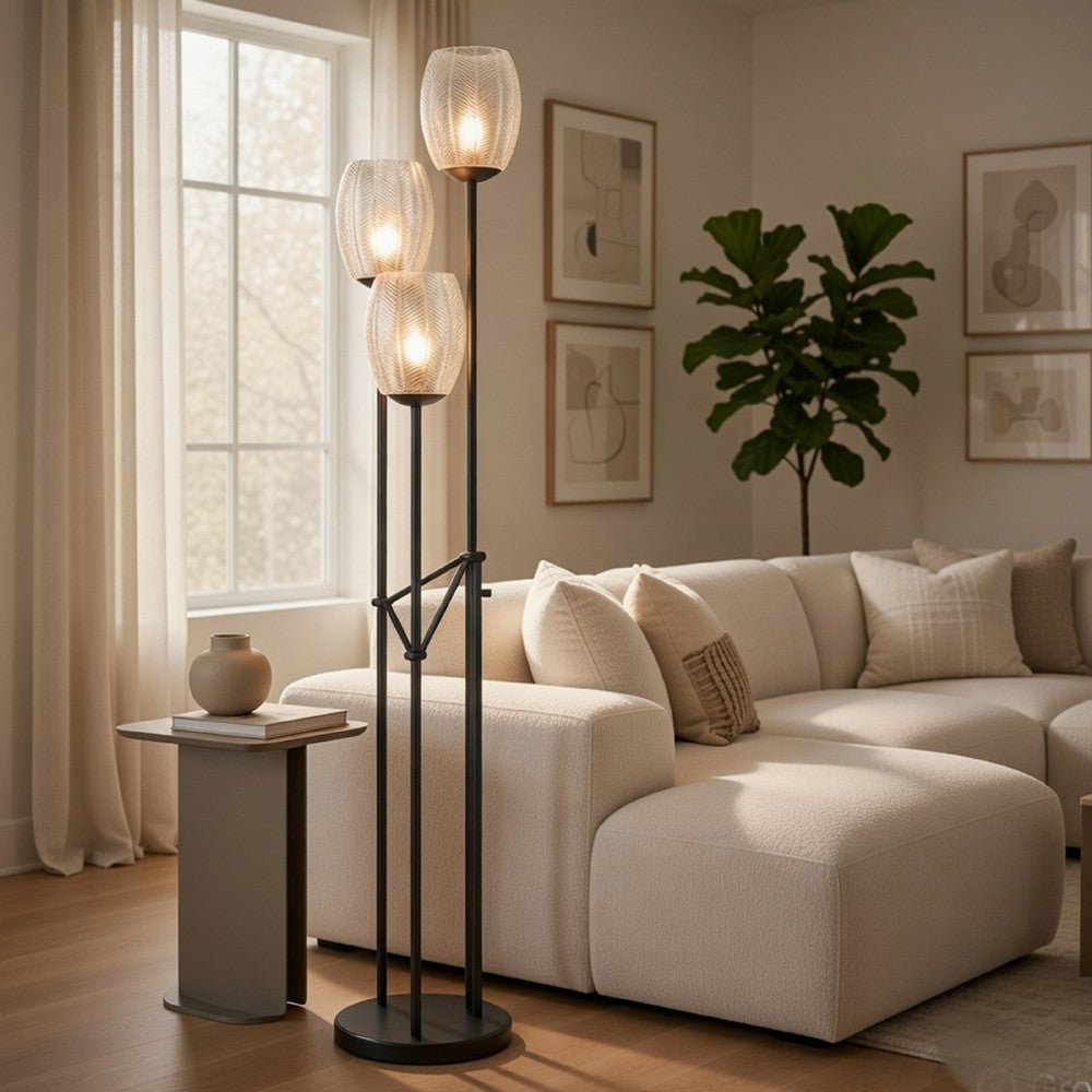 Benjara 3 Light Torchiere Floor Lamp, Leaf Design Glass Shade, Black Metal 71 Inch