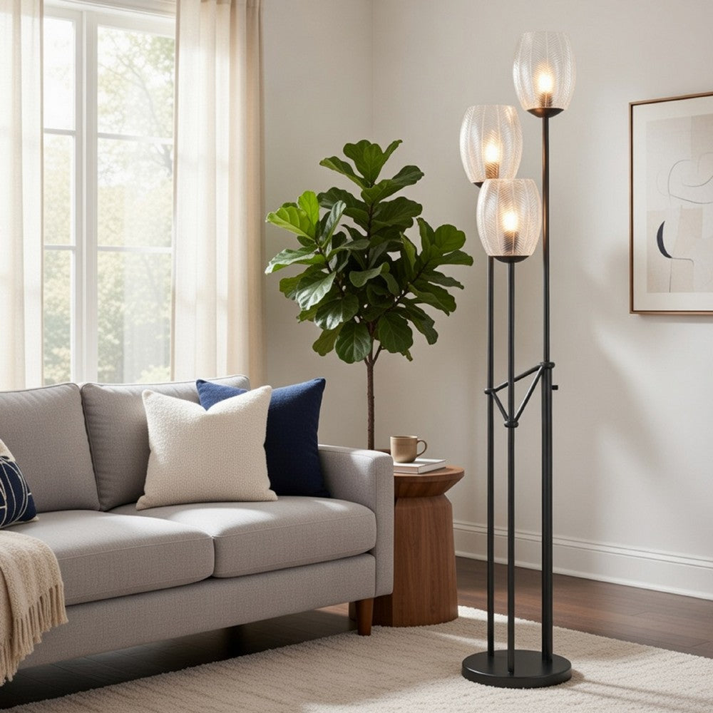 Benjara 3 Light Torchiere Floor Lamp, Leaf Design Glass Shade, Black Metal 71 Inch