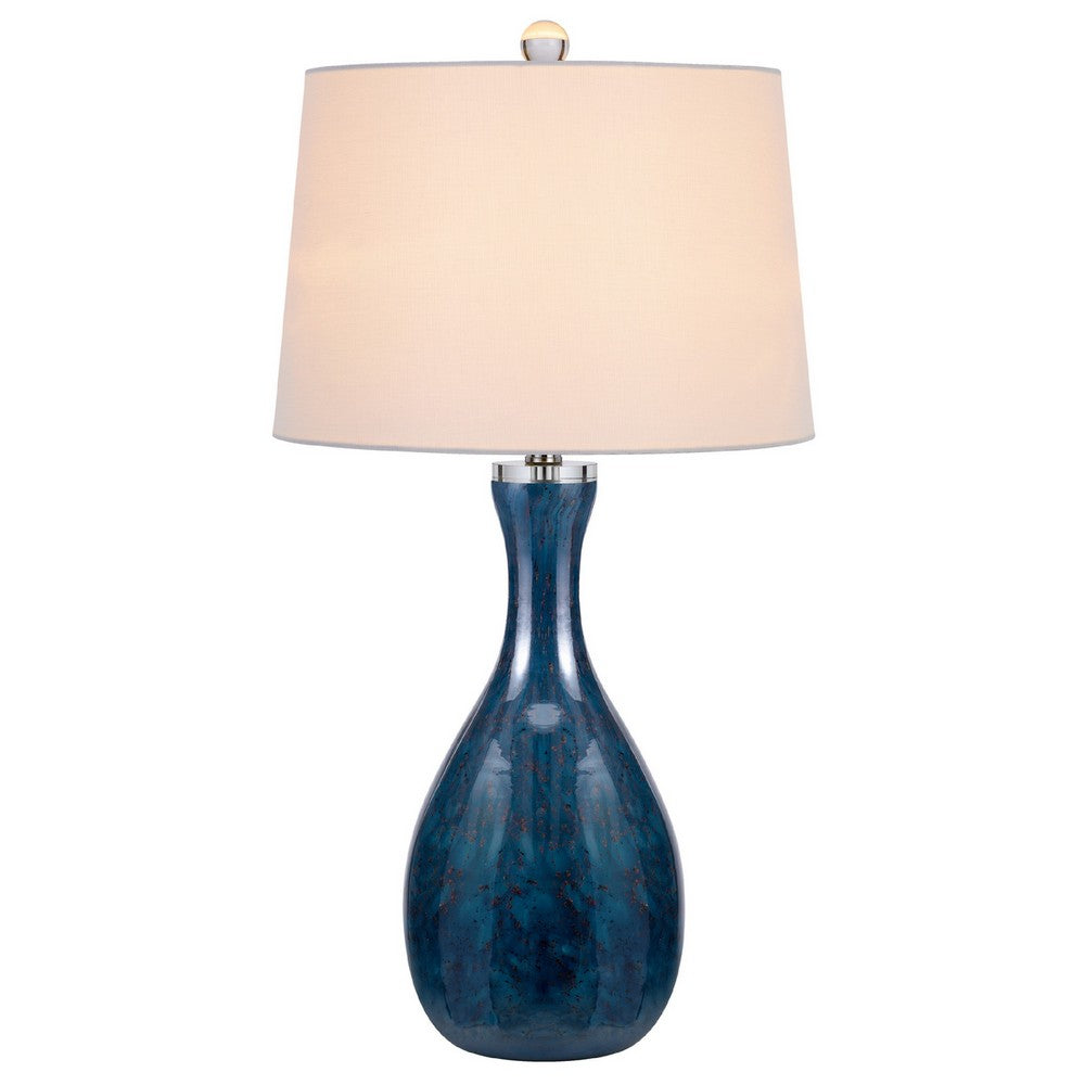 Benjara Table Lamp Set of 2, Off-White Drum Shade, Dark Blue Glass 29 Inch