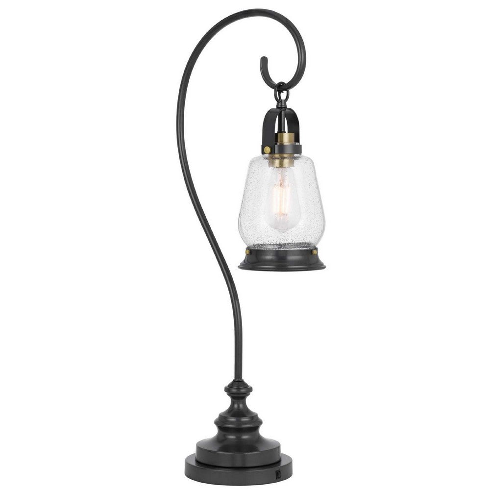 Benjara Table Lamp, Vintage Lantern Style, Bubble Glass Shade, Black Metal 32 Inch