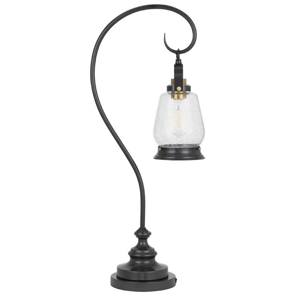 Benjara Table Lamp, Vintage Lantern Style, Bubble Glass Shade, Black Metal 32 Inch
