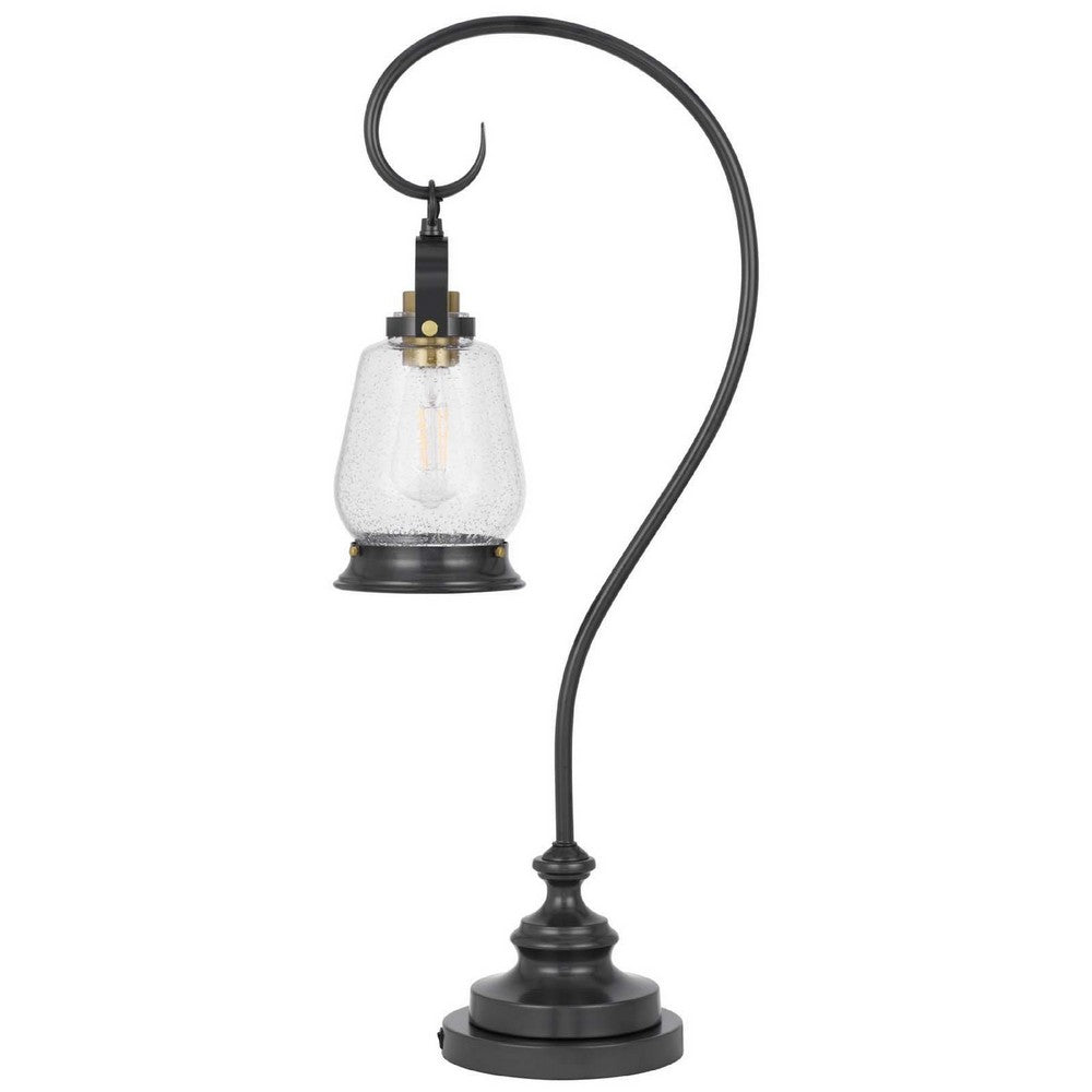 Benjara Table Lamp, Vintage Lantern Style, Bubble Glass Shade, Black Metal 32 Inch