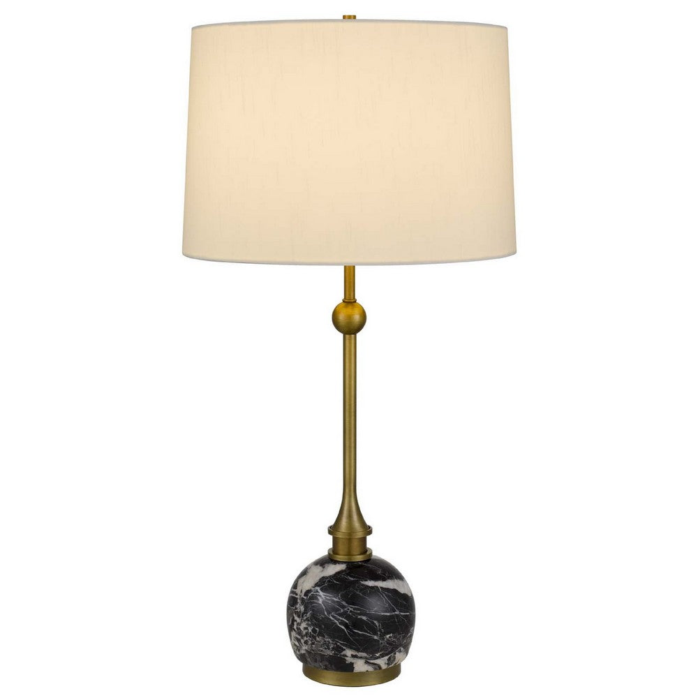 Benjara Table Lamp, White Drum Shade, Slim Brass Neck, Swirled Black Marble 29 Inch