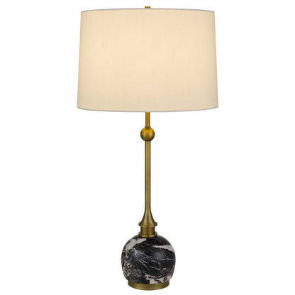 Benjara Table Lamp, White Drum Shade, Slim Brass Neck, Swirled Black Marble 29 Inch