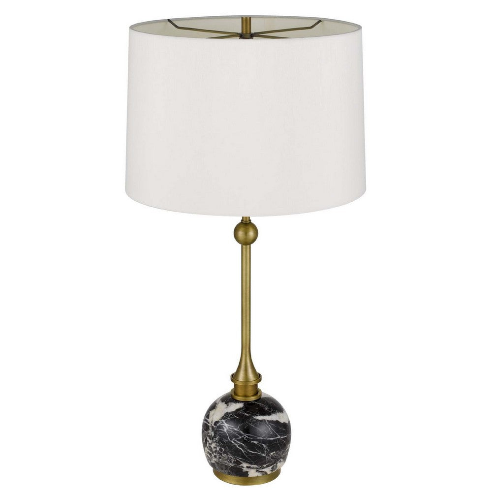 Benjara Table Lamp, White Drum Shade, Slim Brass Neck, Swirled Black Marble 29 Inch