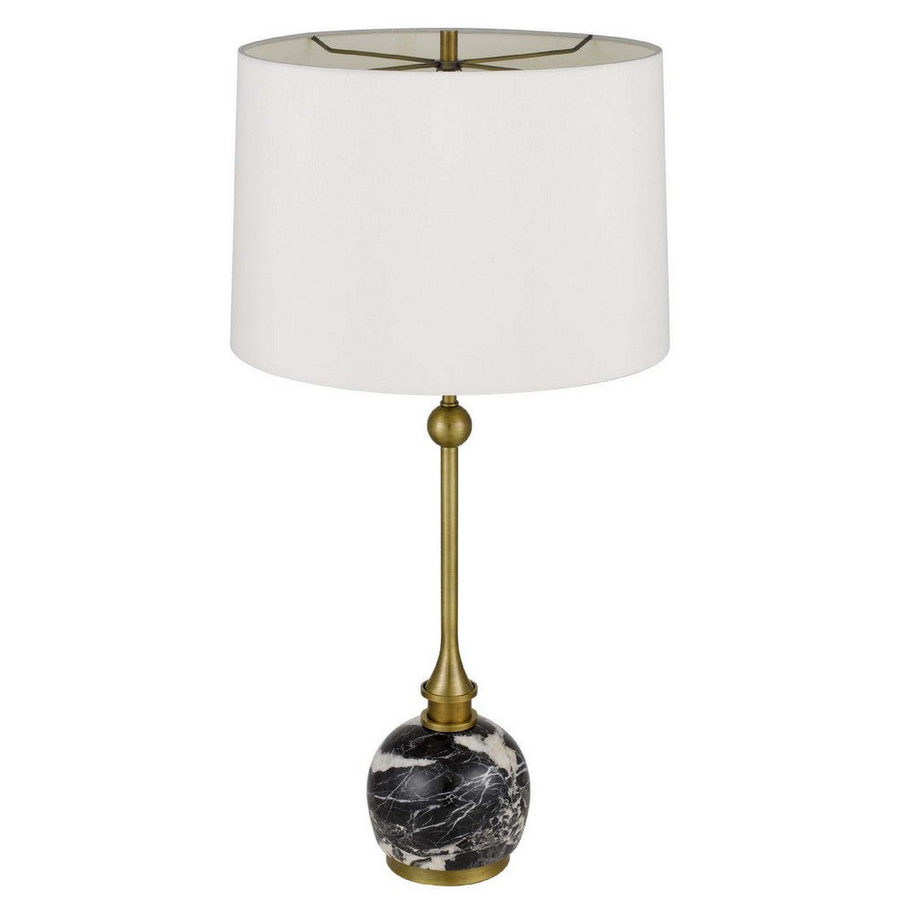 Benjara Table Lamp, White Drum Shade, Slim Brass Neck, Swirled Black Marble 29 Inch