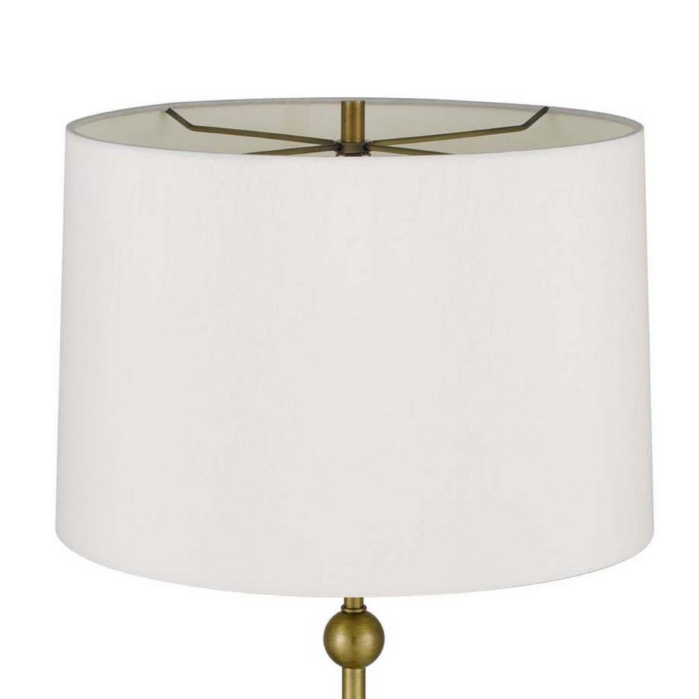 Benjara Table Lamp, White Drum Shade, Slim Brass Neck, Swirled Black Marble 29 Inch